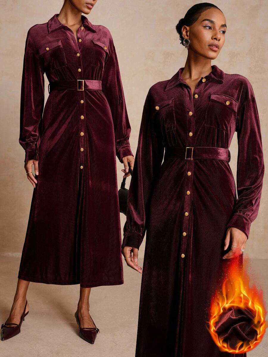 Lyxana 天鹅绒领长袖系带优雅女式连衣裙 - 酒紅色 - 查看 1