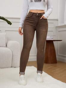 SHEIN EZwear 春季高腰破洞紧身牛仔裤 - 咖啡棕 - 查看 6