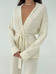 Aloruh 1 套杏仁圆点印花休闲宽松系带腰长袖开衫 + 高腰加长阔腿裤女针织毛衣两件套 - 杏色 - 查看 2