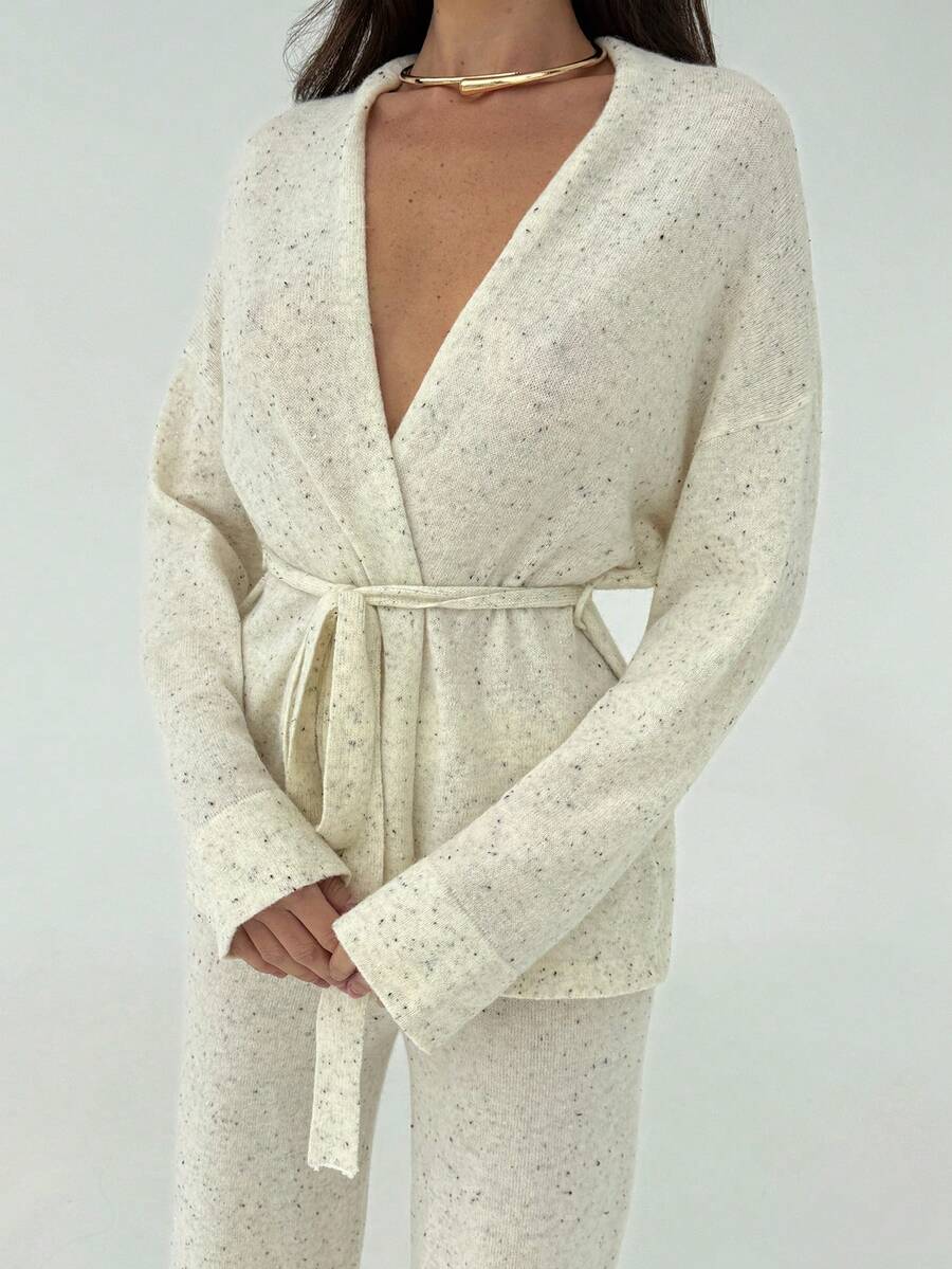 Aloruh 1 套杏仁圆点印花休闲宽松系带腰长袖开衫 + 高腰加长阔腿裤女针织毛衣两件套