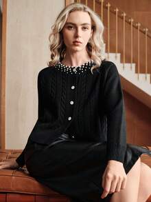 Suéter de punto negro de manga larga minimalista para mujer Uhlyne, elegante blusa casual con cuentas para ir a la oficina, la escuela o el trabajo en otoño - Negro - Ver 6