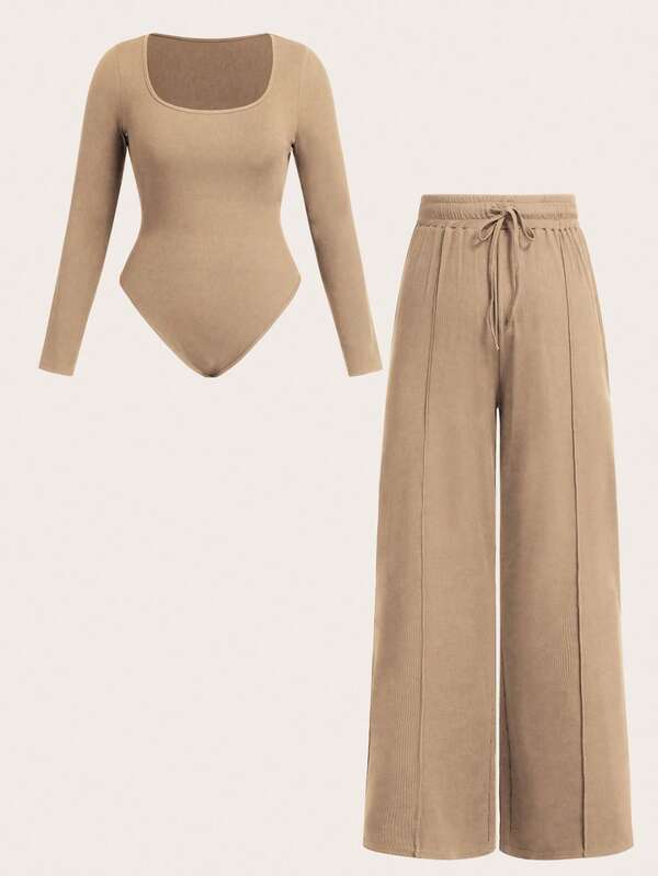 Sweetra Plus Size Gray U-Neck Wide Leg Jumpsuit, Casual Slim Fit Outfit, Minimalist Fashion, 2 Pieces Set