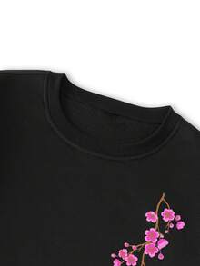 Manfinity LEGND 男士休闲樱花与字母印花简约设计圆领套头运动衫、长袖 T 恤、秋季运动衫 - 黑色 - 查看 5