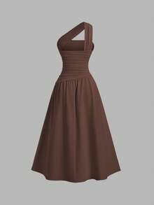 Sweetra 女士斜肩修身抹胸连衣裙 - 鏽棕色 - 查看 2