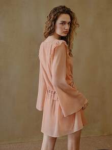 MOTF STUDIO 优雅荷叶边铆钉波西米亚风轻盈迷你连衣裙 - 珊瑚粉 - 查看 4