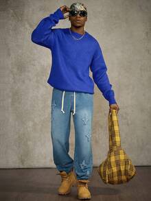 PAVTROS 优质蓝色弹性腰部抽绳下摆百搭牛仔裤 - 藍色 - 查看 4