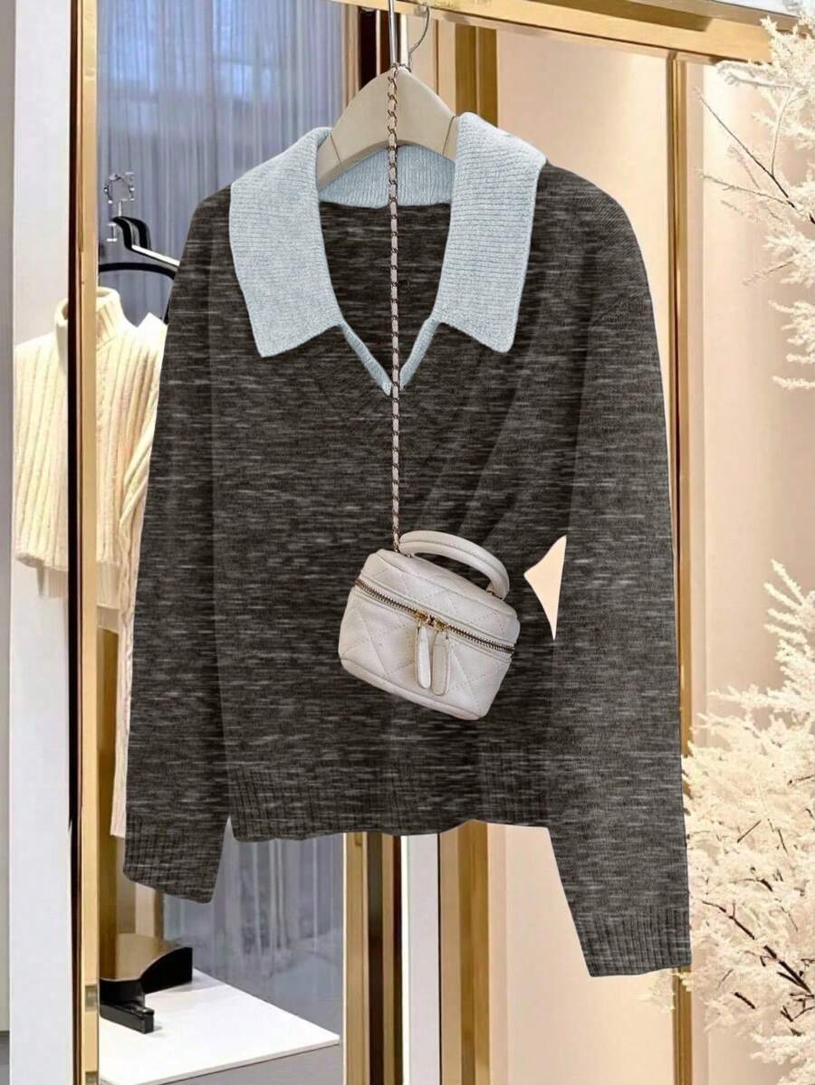 Franclia Jersey de manga larga 2 en 1 con cuello en V, otoño/invierno - Rosa Oxidada - Ver 1