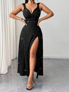 Rafferiza 女式黑色优雅纯色 V 领高弹力紧身派对连衣裙，百搭时尚设计，开衩秋季布料，适合女士约会/派对/夜总会/街头/万圣节/情人节/生日礼服婚礼宾客礼服优雅礼服乡村音乐会服装 - 黑色 - 查看 6