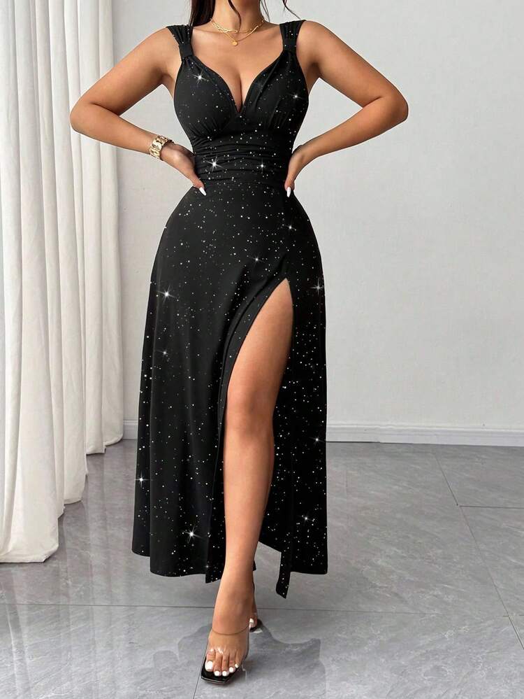 Rafferiza 女士黑色优雅纯色V领高弹紧身派对连衣裙，百搭时尚开衩设计，适合约会/派对/夜店/街头/万圣节/情人节/生日等场合，也可作为婚礼宾客礼服、优雅连衣裙或乡村音乐会服装。 - 黑色 - 查看 6