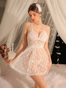 DelicateAllure Women's Sheer Bowknot Decor Mesh Heart Sexy Camisole Nightgown Sexy Sleep Dress Sheer Nightgown - White - View 4