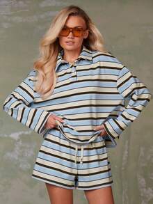 Athîral 女式条纹落肩长袖 Polo 领 T 恤和短裤休闲两件套 - 彩色 - 查看 1