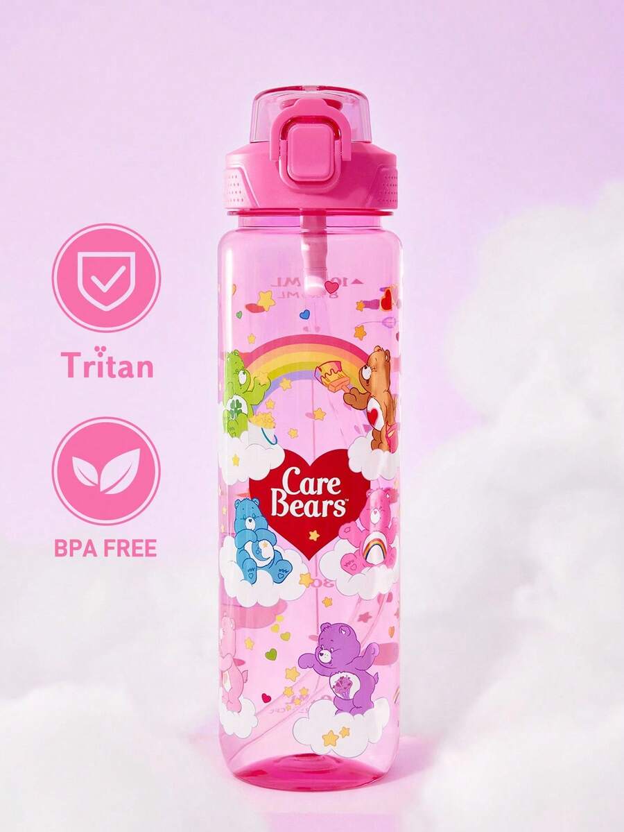 SHEIN X Care Bears Bình nước in hình gấu 1000ml / 34oz, có quai xách dễ dàng mang theo, thích hợp cho việc tập thể dục, đi học - Hồng - Xem 1