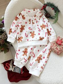 Playful Pals Set di top a maniche lunghe e pantaloni per neonato maschio, con colletto, chiusura lampo anteriore, stampa carina su polsini e orlo, vita elastica, adatto per autunno/inverno - Bianco - Visualizzare 7