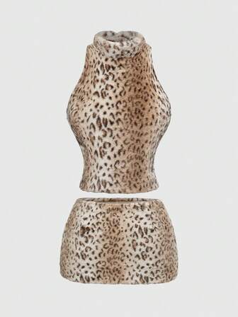 Grunge Punk Y2K Leopard Print Furry Crop Top And Ultra Low-Rise Furry Mini Skirt 2 Pieces Set