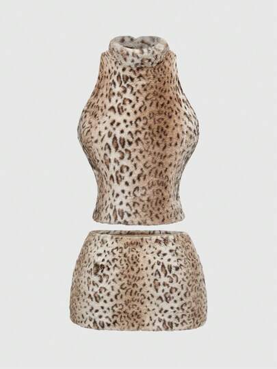 Grunge Punk Y2K Leopard Print Furry Crop Top And Ultra Low-Rise Furry Mini Skirt 2 Pieces Set