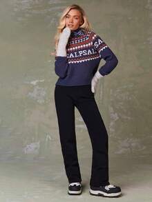 Athîral Women's Casual Geometric Letter Pattern Turtleneck Raglan Sleeve Loose Knit Sweater, Fair Isle Pattern, Festive Sweater, Pullover Sweater, Dark Blue, Suitable For Autumn And Winter And Christmas. - Multicolor - View 3