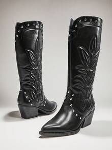 SHUZIA Women's Glamorous Point Toe Cap Chunky Heel Embroidery Western Cowgirl Boots - Black - View 2