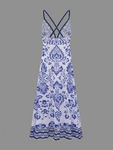 Swim Vcay Vestido largo de verano con tirantes finos y espalda descubierta con estampado, vestido casual tipo pareo para cubrir traje de baño, escote en V