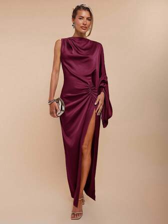 COSMINA Vestido elegante de fiesta de unicolor con abertura alta para mujer