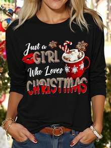 EMERY ROSE Plus Size Christmas T-Shirt, Plus Size Streetwear Graphic Tee, Casual Comfy Top, Vacation Vibe Fall - Black - View 1