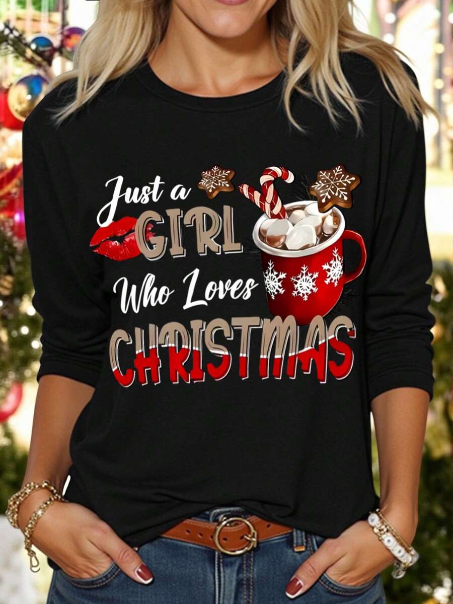 EMERY ROSE Plus Size Christmas T-Shirt, Plus Size Streetwear Graphic Tee, Casual Comfy Top, Vacation Vibe Fall - Black - View 1