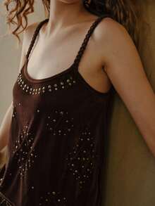 MOTF STUDIO HANDMADE WOVEN STRAP METAL RIVET STRAP CAMI TOP - Coffee Brown - View 3
