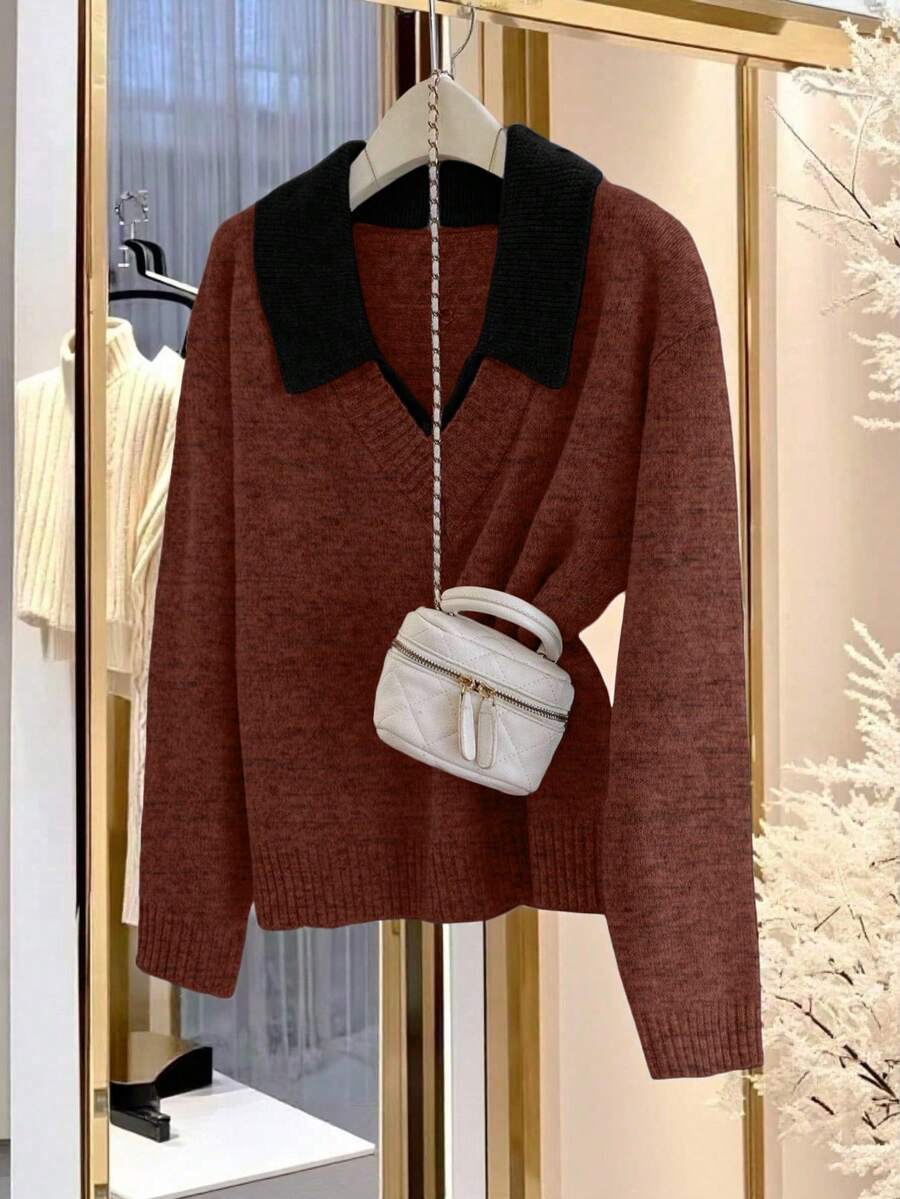 Franclia V-Neck 2 In 1 Long Sleeve Sweater, Autumn/Winter - Rust Brown - View 1