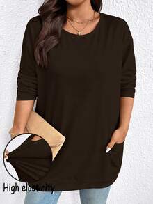 EMERY ROSE Camiseta de manga larga casual de unicolor talla grande, otoño - Marrón - Ver 1