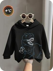 男童宽松保暖内衬恐龙图案连帽套头衫，秋冬 - 黑色 - 查看 1