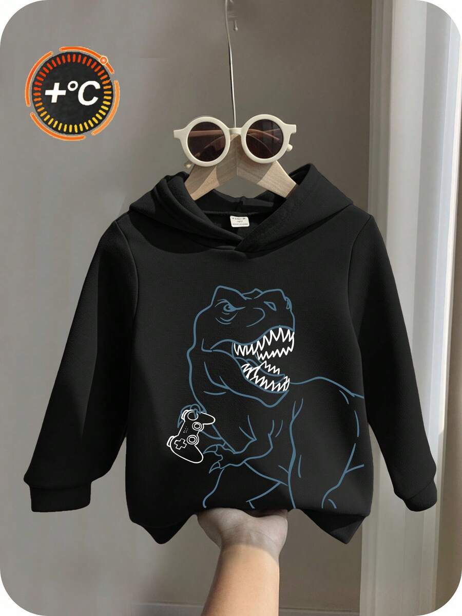 男童宽松保暖内衬恐龙图案连帽套头衫，秋冬 - 黑色 - 查看 1