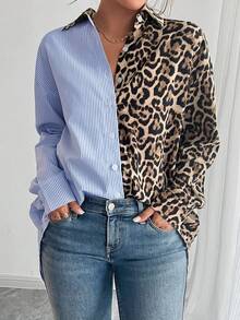 SHEIN PETITE 秋季法式优雅豹纹撞色条纹宽松休闲长袖衬衫，适合女士冬季穿着，也适合夏季、圣诞节、新年、感恩节、派对、海滩、毕业典礼等场合。这款衬衫优雅时尚，适合正式场合，也可作为女士正装、性感服饰、度假装、时尚休闲通勤装、商务办公装、百搭时尚日常休闲装以及都市教师职业装。 - 棕色 - 查看 1