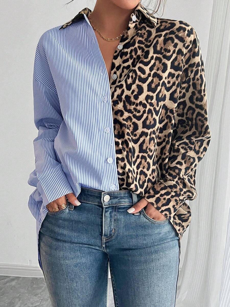 SHEIN PETITE 秋季法式优雅豹纹撞色条纹宽松休闲长袖衬衫，适合女士冬季穿着，也适合夏季、圣诞节、新年、感恩节、派对、海滩、毕业典礼等场合。这款衬衫优雅时尚，适合正式场合，也可作为女士正装、性感服饰、度假装、时尚休闲通勤装、商务办公装、百搭时尚日常休闲装以及都市教师职业装。 - 棕色 - 查看 1