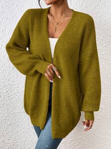 EMERY ROSE Áo khoác cardigan dệt kim hở gân màu trơn đơn giản thường ngày cho nữ, Thu/Đông - Màu Mù tạt vàng - Xem 5