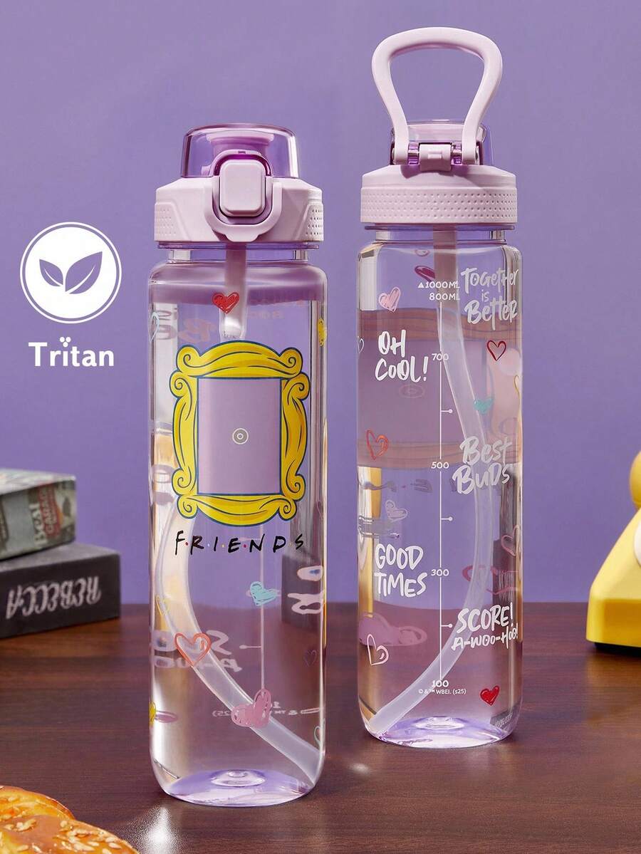 FRIENDS X SHEIN 1000ml/34oz字母图案水瓶，带手柄，方便携带，适合健身、学校 - 淡紫色 - 查看 1