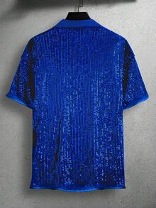 Calvornis 男士前扣短袖亮片装饰衬衫，休闲 - 藍色 - 查看 2