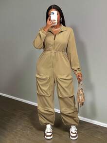 Slaydiva Combinaison grande taille, style urbain décontracté, pour festival de musique, Pâques, fête d'anniversaire, usage quotidien, polyvalente, couleur unie, poches cargo exagérées, manches longues, cordon de serrage à la taille, automne/hiver 2025 - Kaki