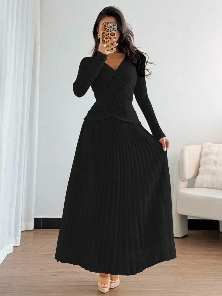 SHEIN Raffinéa Women's Elegant V-Neck Decorative Button Solid Color Cross Pleated Hem Dress - Black - View 4
