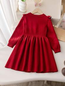 Souflis Souflis 小女孩粉色蝴蝶结针织毛衣裙，可爱荷叶边圆领长袖针织连衣裙 - 酒紅色 - 查看 2