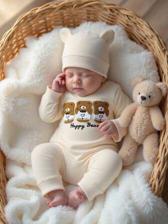 SHEIN Infant Khaki Round Neck Romper, Soft & Comfortable Fabric, Cute 3 Bears Pattern, Fresh & Adorable Jumpsuit With Hat, 2pcs Set, Autumn Fall Winter