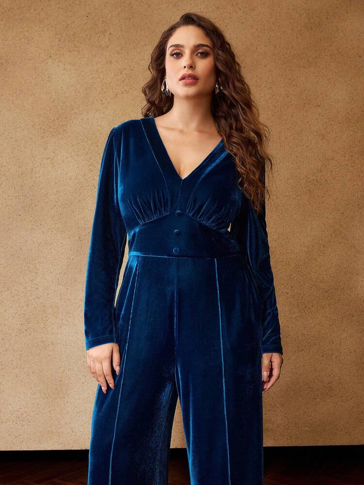 PLUS VELVET CHIC LONG SLEEVE JUMPSUIT, AUTUMN/WINTER, PARTY