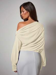 COSMINA 女式纯色 3D 花卉装饰荷叶边优雅衬衫，露肩上衣，秋季女装 - 卡其色 - 查看 2