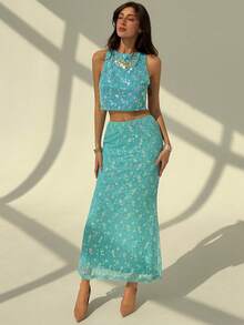 Aloruh Women's Sexy Sequin Criss-Cross Backless Cropped Tank Top, Suitable For Party, Vacation - Blue - View 4