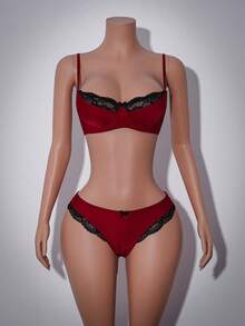 AltCore 2pcs Christmas Women Patchwork Lingerie Set, Black & Red Punk Style Underwire Push-Up Bra Set - Multicolor - View 6