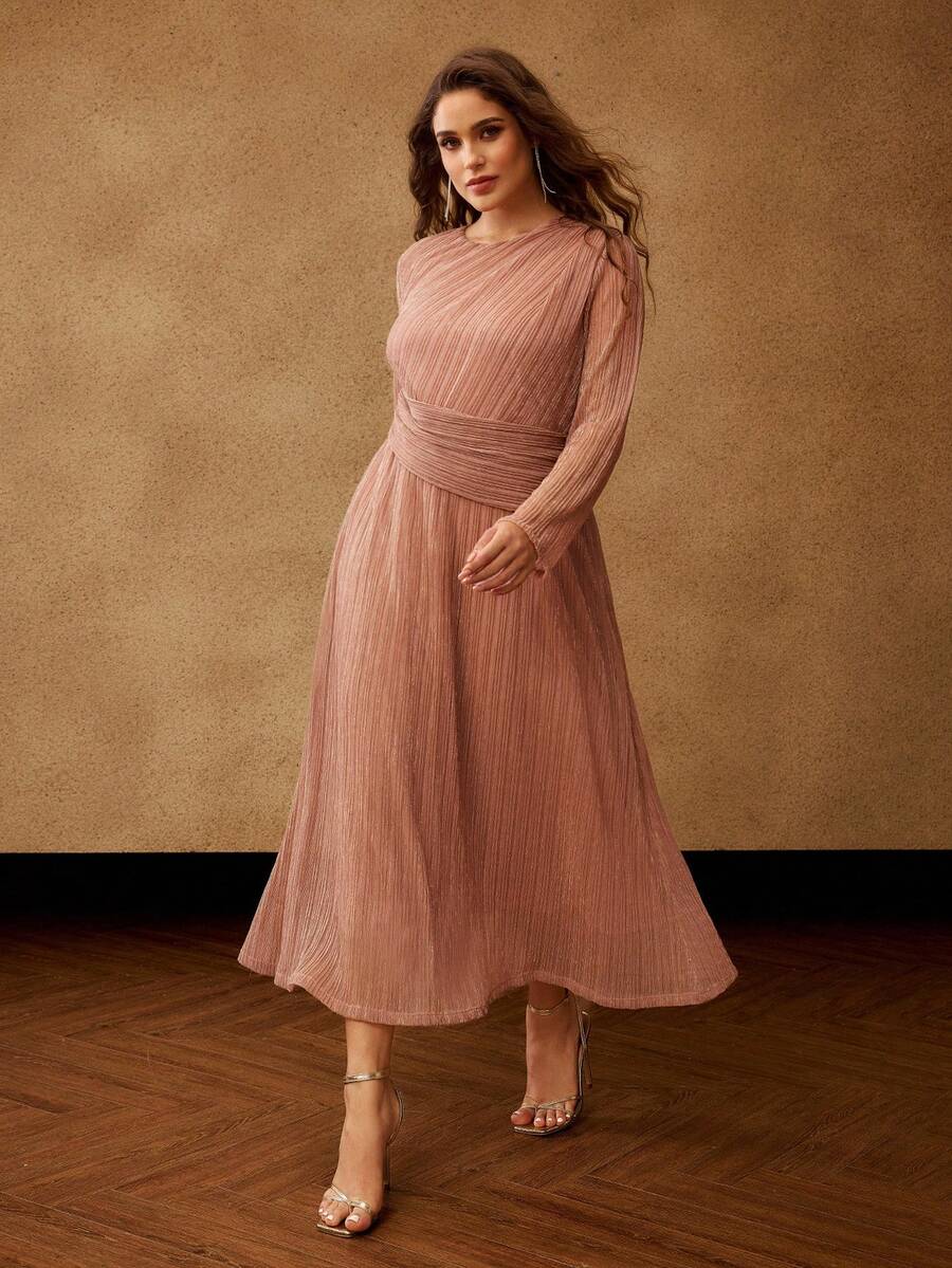 MOTF PREMIUM PLUS AUTUMN/WINTER PARTY/DATE PLEATED METALLIC MESH ROUND NECK LONG SLEEVE DRESS - Pink - View 1