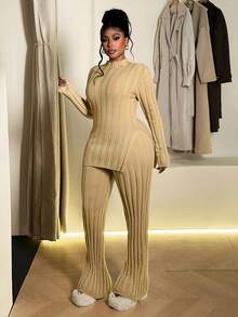 Maweii Plus Size Women Solid Stand Collar Long Sleeve Fitted Sweater With Side Slit Hem And Knitted Pants Elegant Set, Autumn/Winter