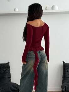 Coolane Women's Fall Concert Streetwear Y2K Vacation Gyaru Casual Stretchy Asymmetrical Neck Mesh Patchwork Ruffle Fringe T-Shirt,Red Top,Christmas - Burgundy - View 6