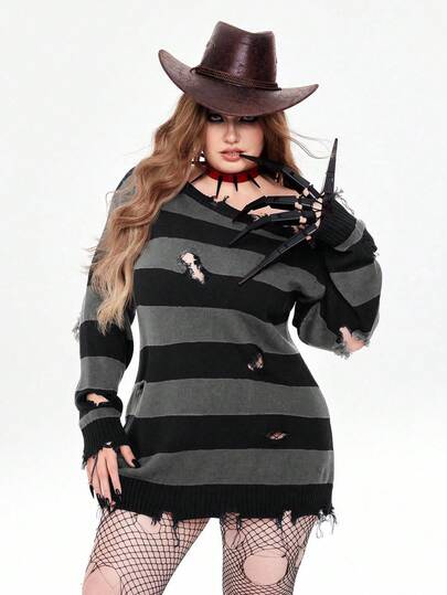 ROMWE Avant Suéter de cuello redondo de talla grande con rayas desgastadas de estilo gótico, color negro y gris, adecuado para Halloween