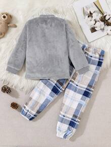 2 件套小男孩可爱熊图案羊毛长袖上衣和裤子睡衣套装，深灰色 - 淺灰色 - 查看 2