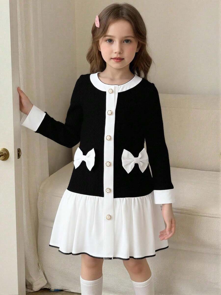 Elladie kids 女童黑白拼接仿珍珠纽扣装饰白色荷叶边蝴蝶结连衣裙,适合圣诞节、派对、日常穿着。秋冬季 - 黑色 - 查看 1