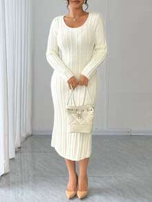 Dazy Plus Elegant Long Sleeve Beaded Decor Fitted Maxi Sweater Dress, Plus Size, Suitable For Formal Events In Autumn/Winter